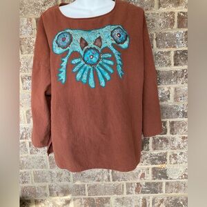 Alfredos Wife SZ L tunic top Brown Turquoise studded Appliqué Bling Vintage